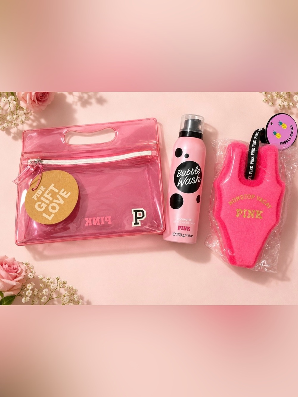 Victoria's Secret Pink 
Gel-To-Foam Body Wash, Cosmetic Bag & Sponge Bundle